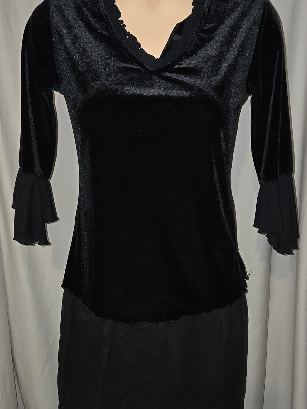 Vintage Black Velvet Ruffle V-Neck Women's Top